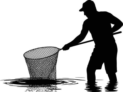 Man in water with butterfly net catching something silhouette vector