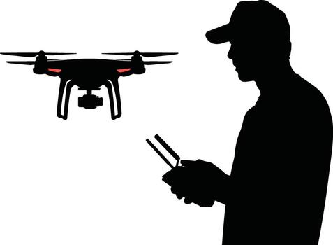 hombre operando un zumbido con remoto controlar en un sorprendentes silueta vector