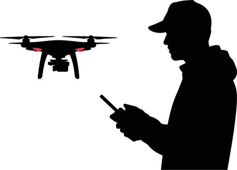 Man operating drone with remote control in silhouette against white background vector
