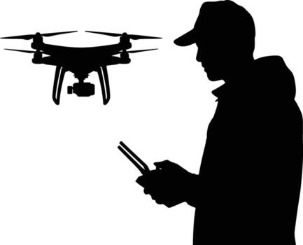 hombre operando zumbido con remoto controlador en un sorprendentes negro silueta vector