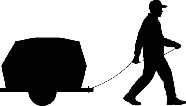 Man pulling a loaded trailer with a rope in a distinctive silhouette vector