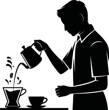 Man pouring coffee from kettle into dripper in a distinctive silhouette vector