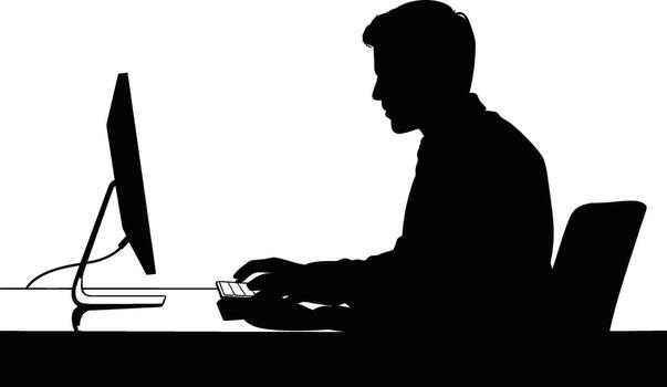 Man s silhouette working diligently on a computer in an office setting silhouette vector