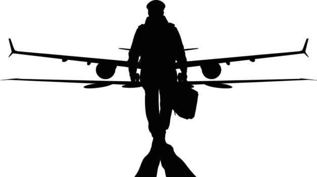 Man standing in front of airplane wings with briefcase silhouette vector