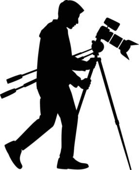 Man with camera and tripod walking through field silhouette vector