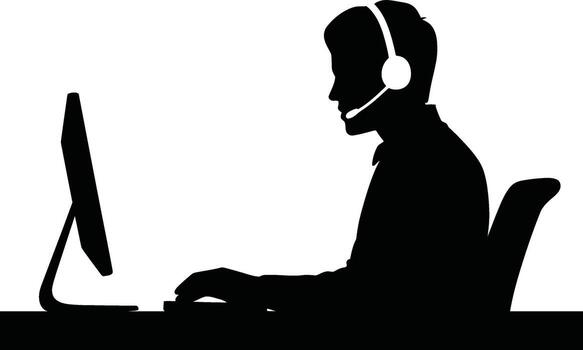 Man wearing headset working diligently at computer in a striking black and white silhouette vector