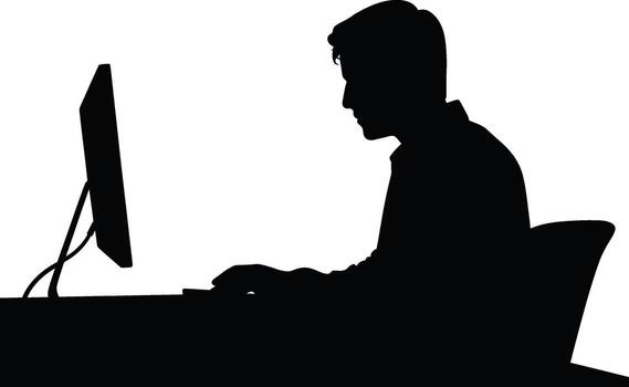 Man working on computer in office at desk with monitor silhouette vector
