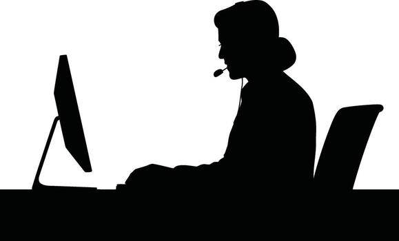 Operator wearing headset working at computer in a stark black silhouette vector