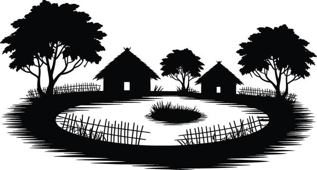 Rustic village scene with trees and houses in a distinctive silhouette vector
