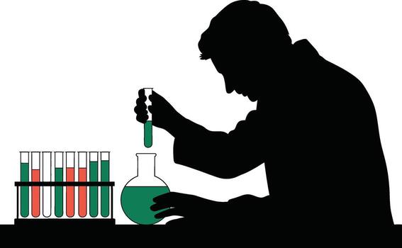 Scientist conducting experiment with test tubes and flask in silhouette vector