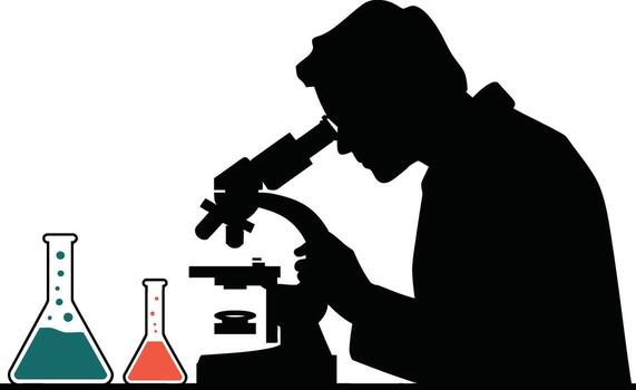 Scientist in silhouette examining specimen under microscope with colorful flasks vector