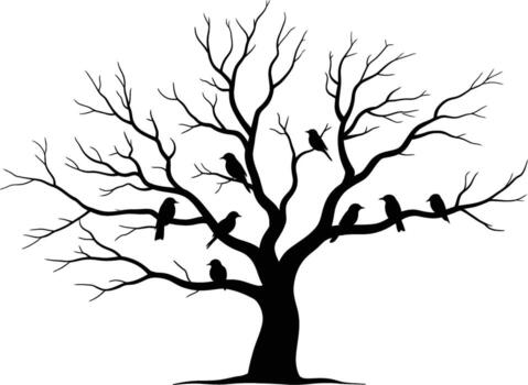 Spooky bare tree with crows perched on branches silhouette vector