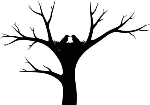 Two birds in a nest on a bare tree silhouette against a white background vector