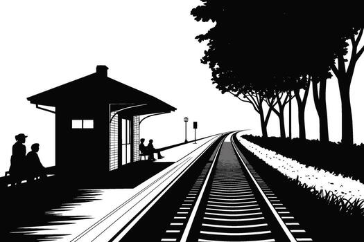Waiting for the train on a deserted platform with a stark silhouette of trees and station vector