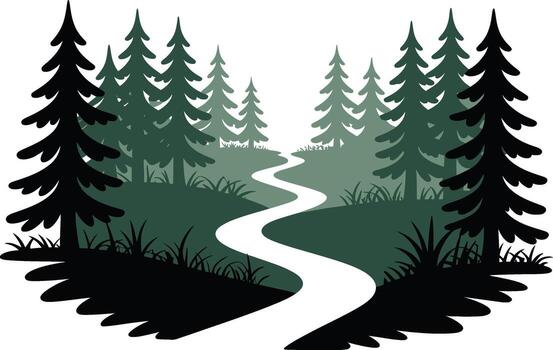 Winding forest path through tall evergreen trees silhouette2 vector