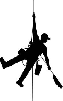 Window cleaner descending building facade using rope access techniques silhouette vector