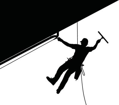 Window cleaner silhouette hanging from building edge with squeegee vector
