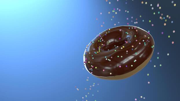 Glazed chocolate donut with colorful sprinkles, floating on a gradient blue background, vibrant sprinkles falling through the air and ample copy space on the left for text. photo