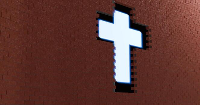 White illuminated cross embedded in a red brick wall on dark background symbolizing spiritual emergence, overcoming challenges, and faith with ample copy space on the left. photo