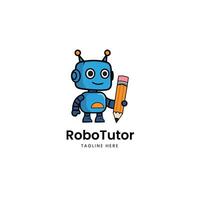 Cute RoboTutor Logo Design Template Modern Education Robot Mascot Character with Pencil vector