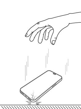 Mobile phone crash test and drop-testing. cell phones. Falling the smartphone from a height. The gadget fallen on the floor. Examination of the phone for damage. vector