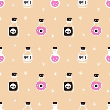 halloween seamless pattern with potion bottles, spell, skull on beige background. Cute print for wrapping and textile design. Magical pattern. vector