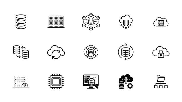 Set of Fifteen Black and White Icons Representing Data Storage and Cloud Computing database server vector