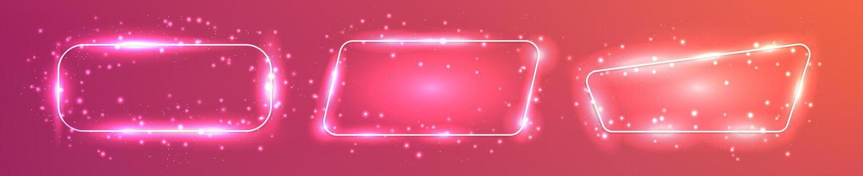 Set of three neon frames with shining effects and sparkles on red background. Empty glowing techno backdrop. illustration vector