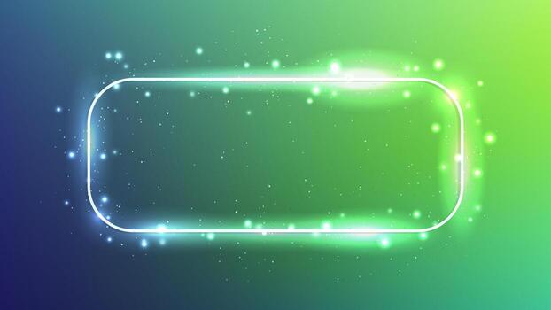 Neon rounded rectangle frame with shining effects and sparkles on dark green background. Empty glowing techno backdrop. illustration vector