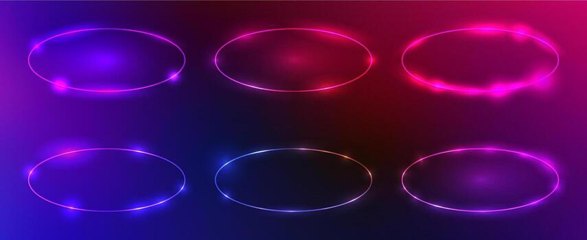 Set of six neon oval frames with shining effects and sparkles on dark purple background. Empty glowing techno backdrop. illustration vector