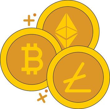 Tres monedas con bitcoin, éter y litecoin símbolos vector