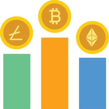 three different colored coins are shown on a bar chart vector