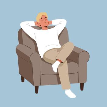 hombre relajante en Sillón con manos detrás cabeza en casual actitud ilustración calma y pacífico escena vector