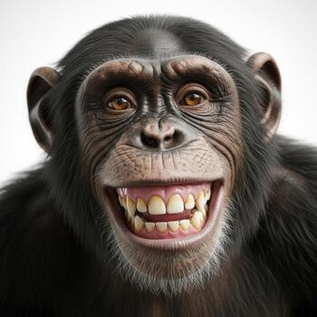 Closeup portrait of a chimpanzee smiling, isolated on white background photo