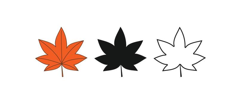 Maple leaf icon set. This design features a colorful, silhouette, and outline version of a single autumn leaf. Perfect for seasonal designs, logos, and graphic projects vector