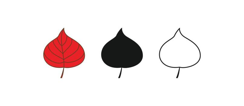 Simple autumn leaf icon set. The design features three styles, a vibrant red leaf, a solid black silhouette, and a clean outline. Perfect for fall designs, logos, and graphics vector