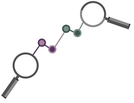 Magnifying glasses connecting dots. Can symbolize graph databases, graph analytics, relationship-driven insights. Modern flat design, abstract network concept for data science, AI, and technology. vector