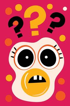 Surprised Cartoon Egg Character with Colorful Background and Question Marks vector