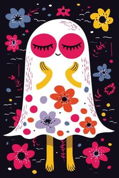 Whimsical Ghost Character Surrounded by Colorful Flowers and Patterns vector