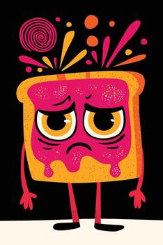 Colorful Cartoon Bread Character with Sad Expression and Playful Design Elements vector