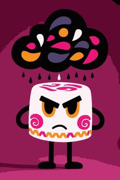 Cartoon Character with Angry Expression under Dark Cloud with Colorful Rain vector