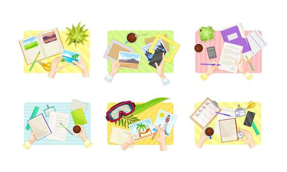 ver desde encima de humano manos poniendo foto en marco y enviando postales conjunto ilustración vector