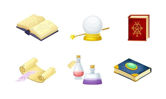 Magical Object and Witchcraft Equipment with Crystal Ball, Spellbook and Jar with Potion Set vector