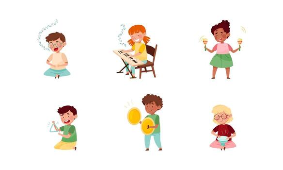 Funny Kid Characters Playing Maraca and Keyboard at Music Lesson Set vector