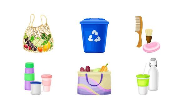 Zero Waste with Shopping Tote and Recycle Bin as Everyday Reused Object Set vector