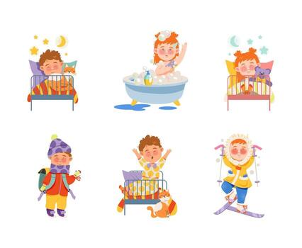Daily Routine of Little Boy and Girl Character with Sleeping in Bed, Bathing and Going to School Set vector