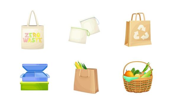 Zero Waste with Paper Shopping Bag and Tote as Everyday Reused Object Set vector