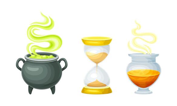 Witch cauldron with bubbling potion and hourglass. Witchcraft objects set cartoon illustration vector