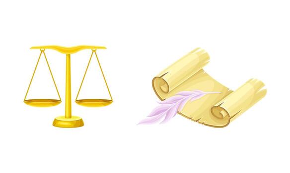 antiguo papel Desplazarse y dorado escamas. brujería y alquimia objetos conjunto dibujos animados ilustración vector