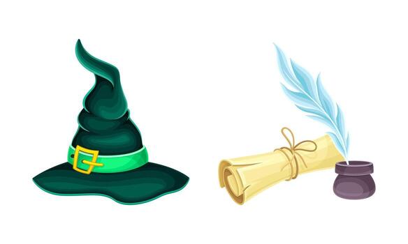 bruja sombrero y antiguo papel Desplazarse. brujería objetos conjunto dibujos animados ilustración vector